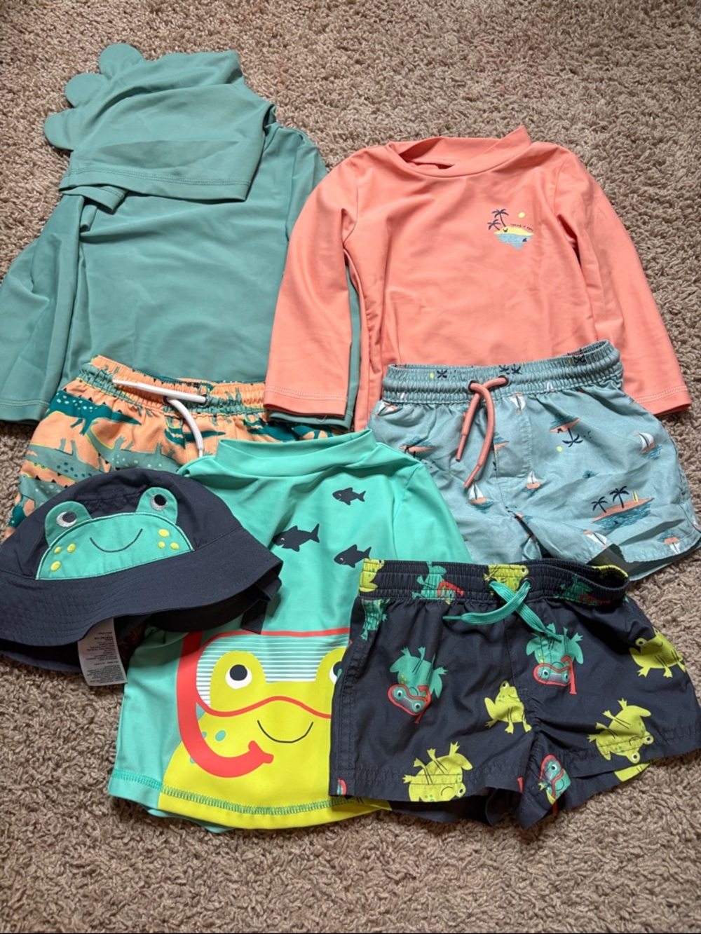 3 bathing suit bundle- Kids Rash Guard and Swim trunks - and one hat